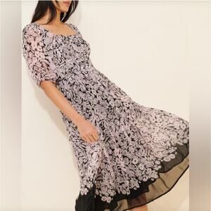 Anthropologie Squareneck Smocked Midi Dress Black & Pink Floral Puff Sleeve Sz M